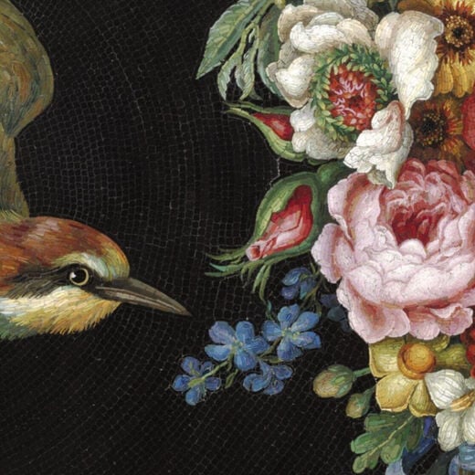 Micromosaic with birds, butterflies and fruit - 8 x 8" mounted print